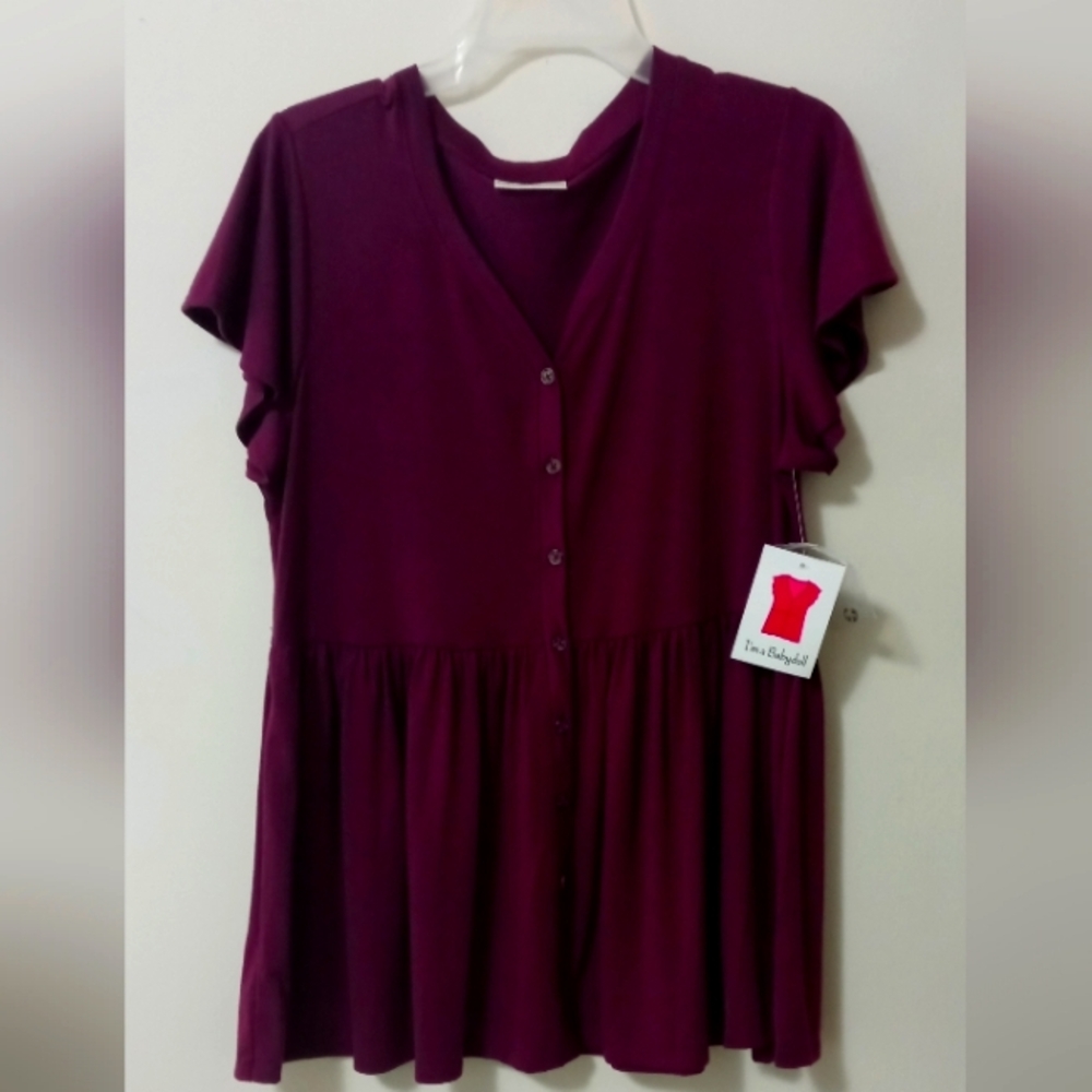 New Bobbie Brooks Maroon Button-Up Top Size Large 95%polyester,5%spandex